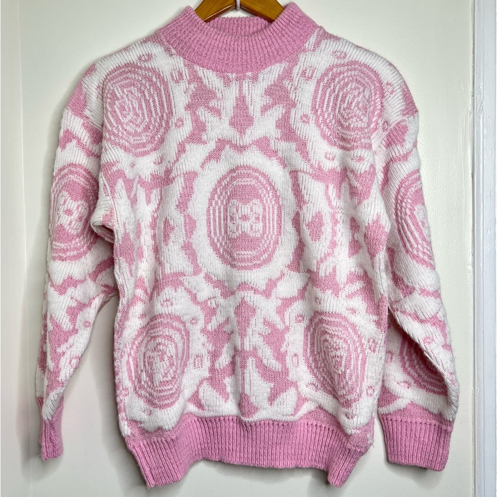 Vintage 80s 90s Cheryl Pink & White Geometric Sweater Approx Large Fairy Kei